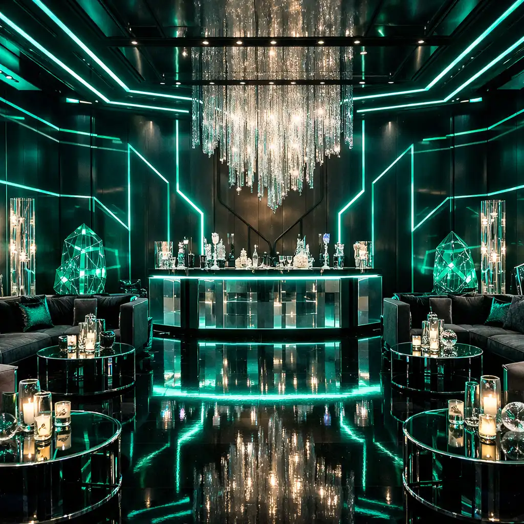 Scenografia eventowa w stylu cyber-luxe z ciemnymi panelami i neonowymi emeraldowymi liniami