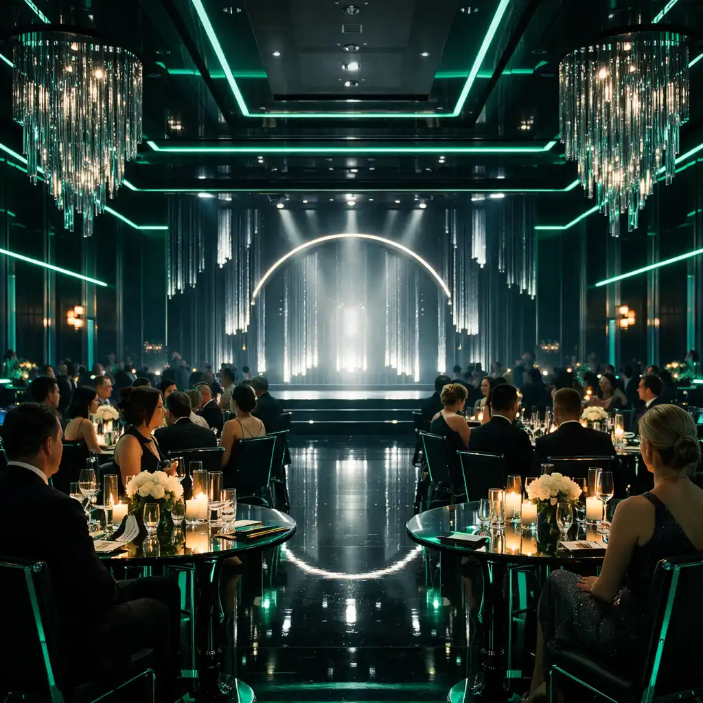Ekskluzywna gala w stylu cyber-luxe — ciemna sala bankietowa z neonowymi akcentami i sceną