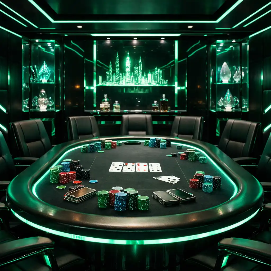 Sala do gry w pokera w stylu cyber-luxe z neonowymi szmaragdowymi akcentami