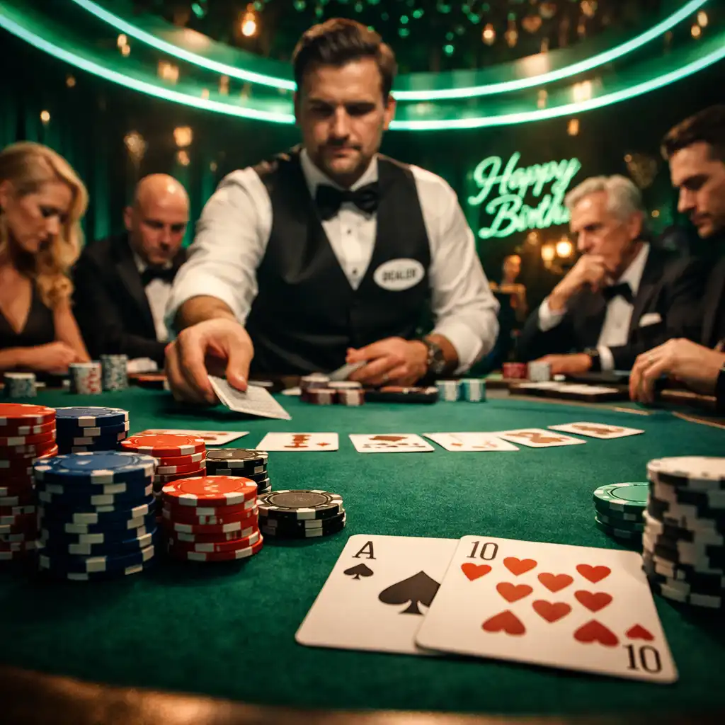 Wieczór pokerowy podczas ekskluzywnej gali urodzinowej z profesjonalnym stołem, żetonami turniejowymi i neonowym oświetleniem