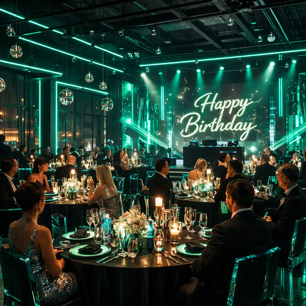 Luksusowa gala urodzinowa w stylu cyber-luxe z ciemnymi panelami, neonowymi liniami i eleganckimi stołami