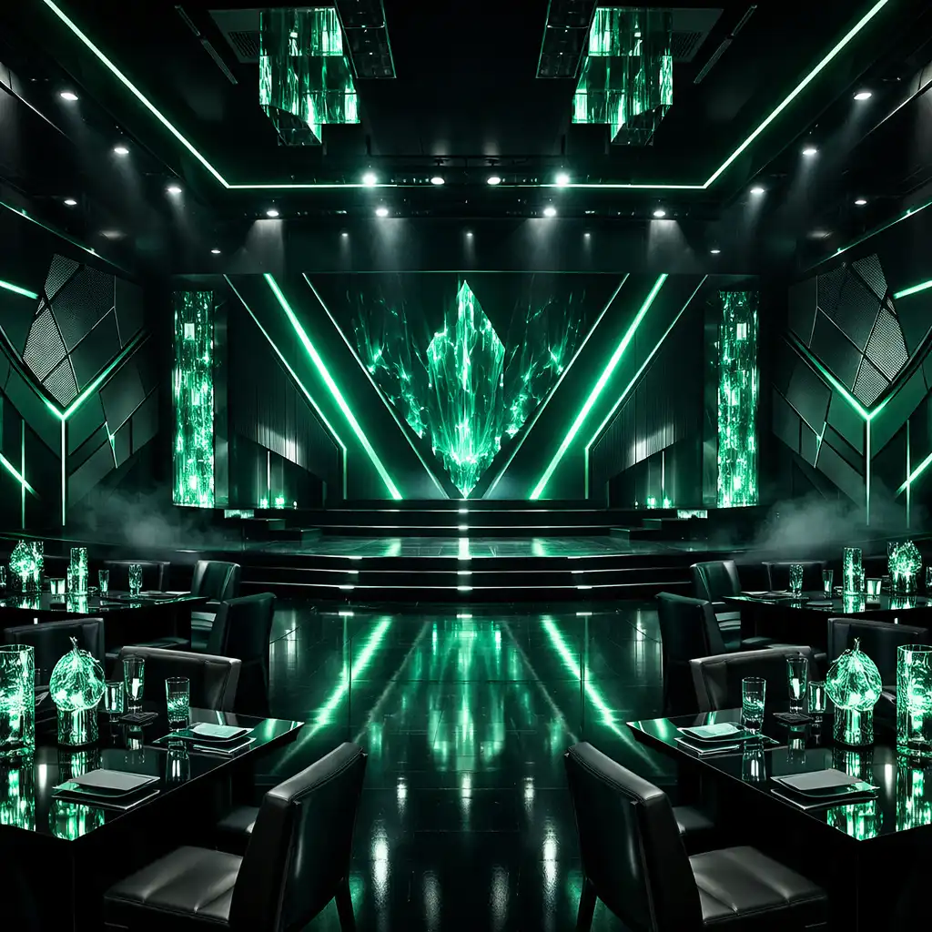Wnętrze eventowe w stylu cyber-luxe z ciemnymi panelami, neonowymi szmaragdowymi liniami LED i szklanymi elementami dekoracyjnymi