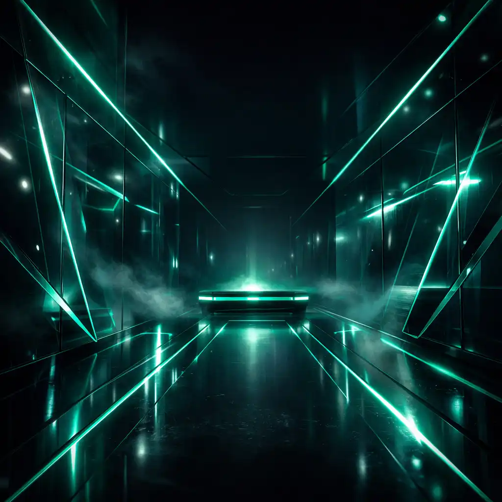 Abstrakcyjna kompozycja cyber-luxe z ciemnym tłem, neonowymi szmaragdowymi liniami i szklanymi panelami