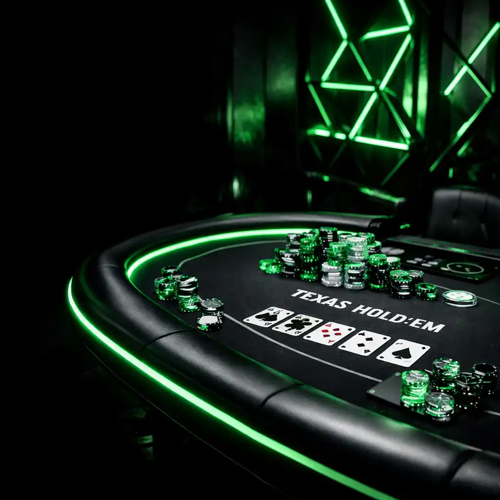 Stół do pokera Texas Hold'em z neonowym zielonym oświetleniem i szklanymi żetonami