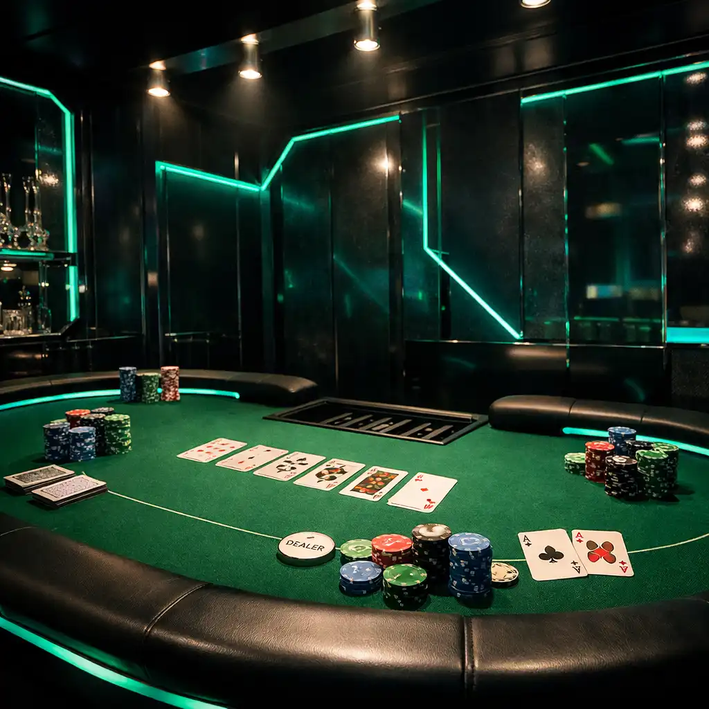 Profesjonalny stół pokerowy w ciemnym pomieszczeniu z neonowymi emeraldowymi akcentami