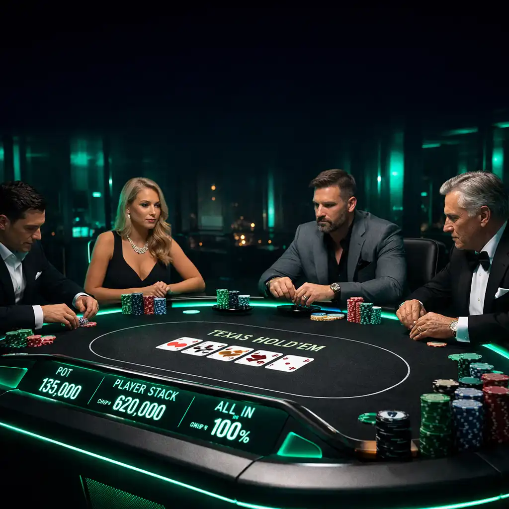 Profesjonalny stół do pokera Texas Hold'em z wbudowanymi ekranami LED i neonowym oświetleniem podczas turnieju firmowego
