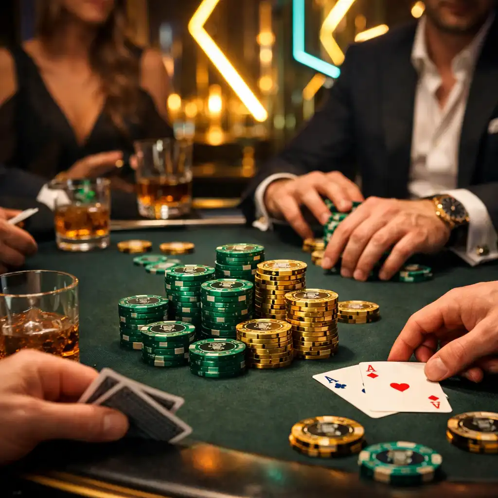 Kameralny wieczór pokerowy w prywatnej rezydencji z neonowym oświetleniem i eleganckimi żetonami turniejowymi