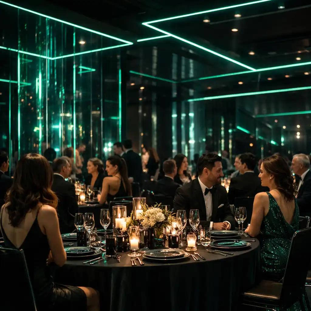 Eleganckie przyjęcie okolicznościowe w stylu cyber-luxe z neonowymi szmaragdowymi akcentami i szklanymi panelami dekoracyjnymi