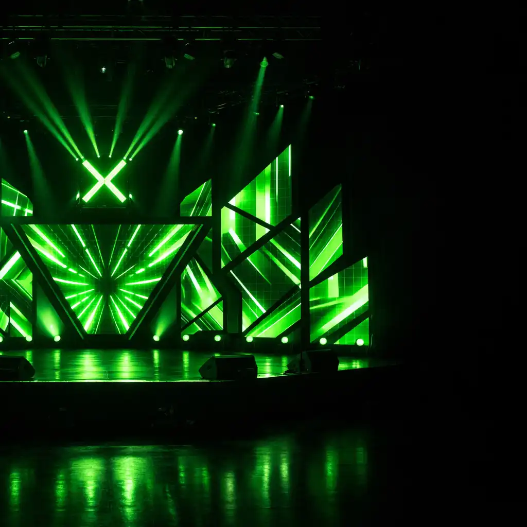 Scena eventowa z geometrycznymi panelami LED wyświetlającymi abstrakcyjne wzory